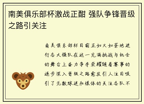 南美俱乐部杯激战正酣 强队争锋晋级之路引关注