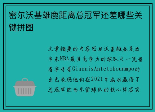 密尔沃基雄鹿距离总冠军还差哪些关键拼图